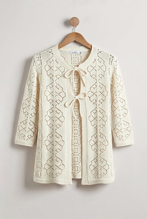 Women's Ecru Crochet Front Tie Knit Cardigan