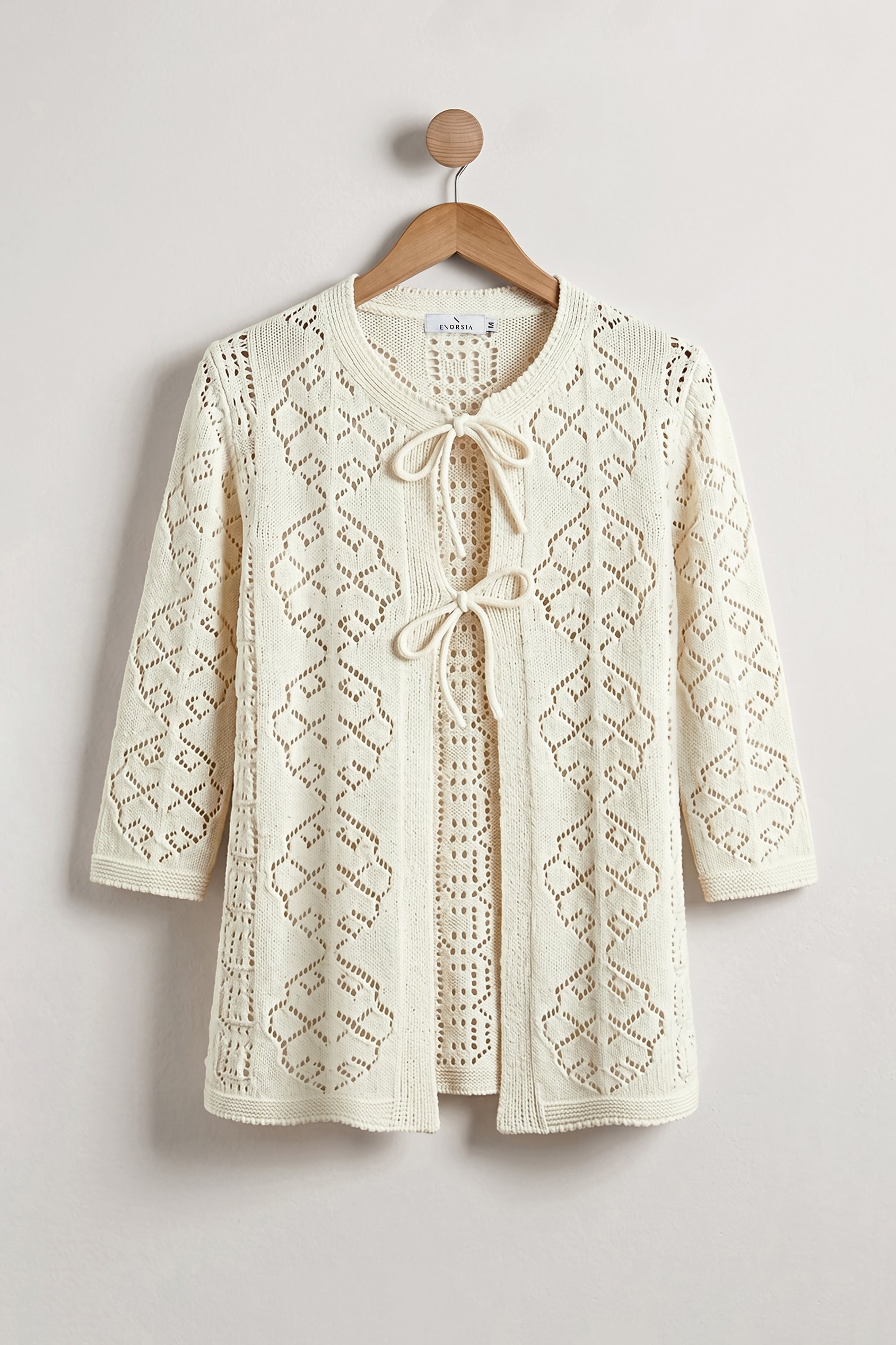 Enorsia Women's Off-White Ecru Crochet Front Tie Knit Cardigan - Uk M