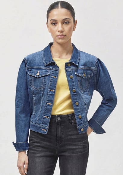 Puff Sleeve Denim Mid Wash Jacket