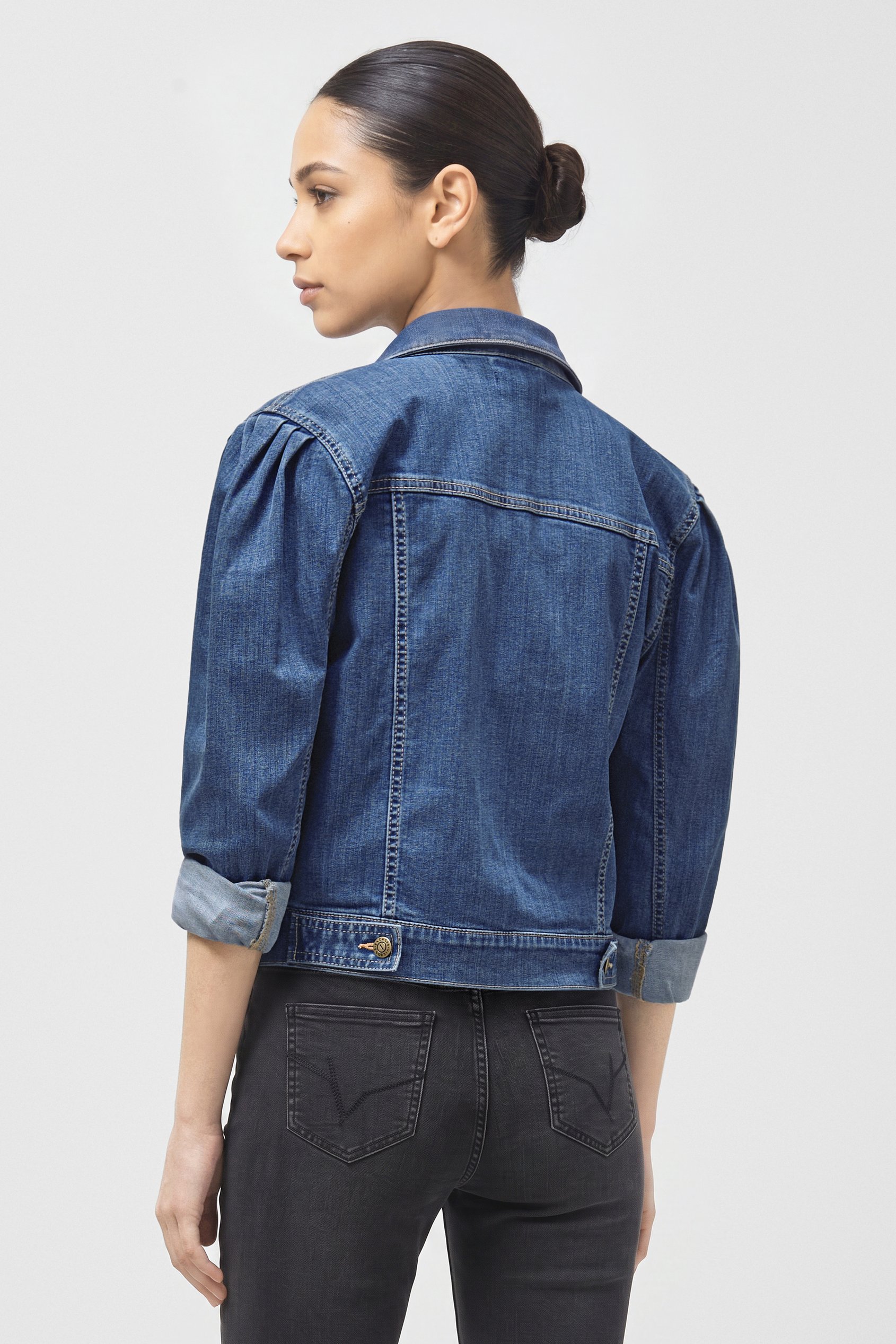 Puff Sleeve Denim Mid Wash Jacket
