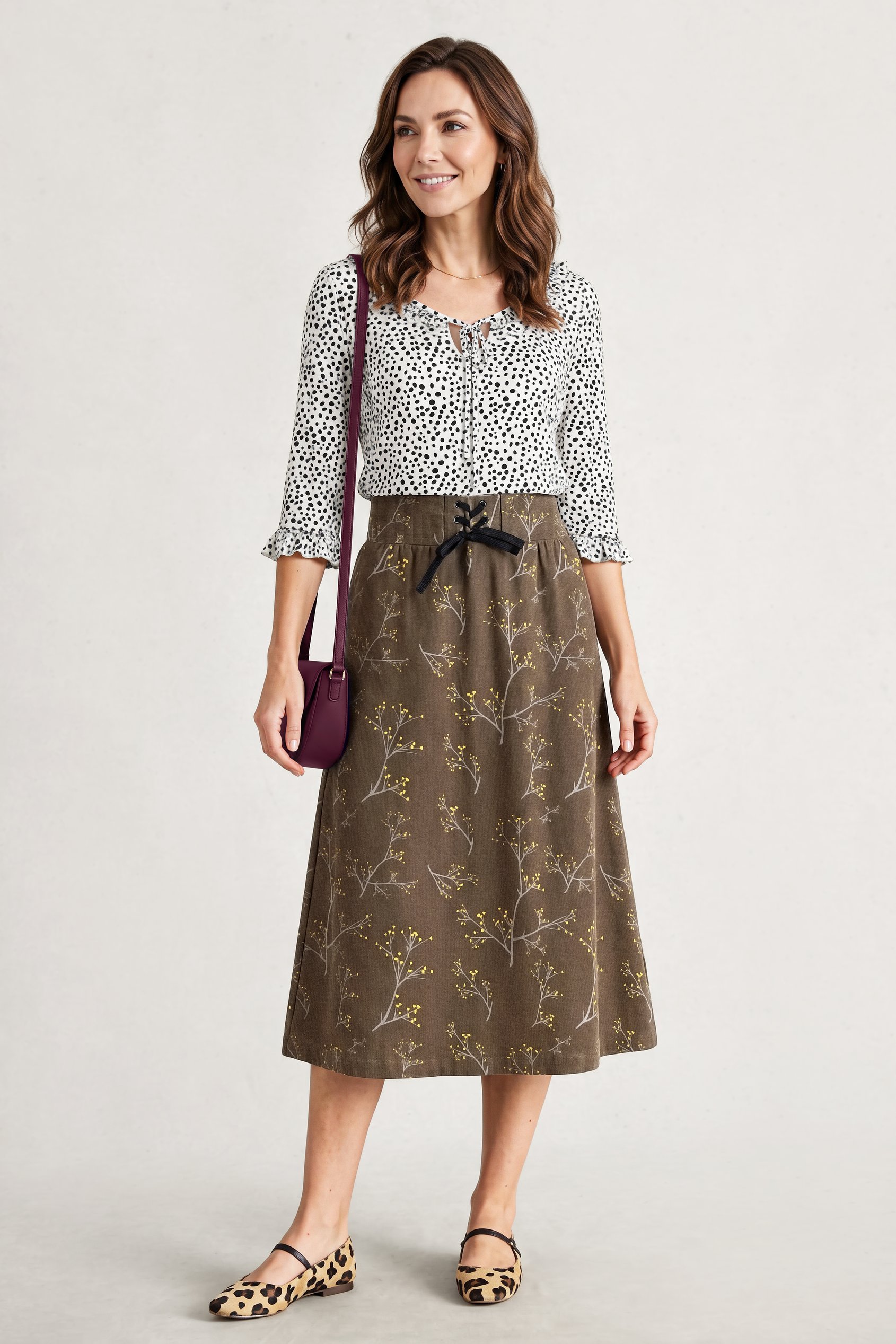 Women High Waist Lace Up A-Line Midi Skirt
