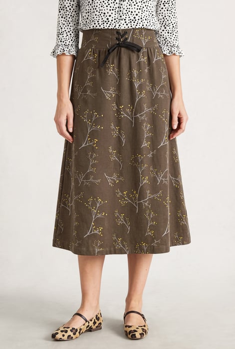 Women Brown High Waist Lace Up A-Line Midi Skirt
