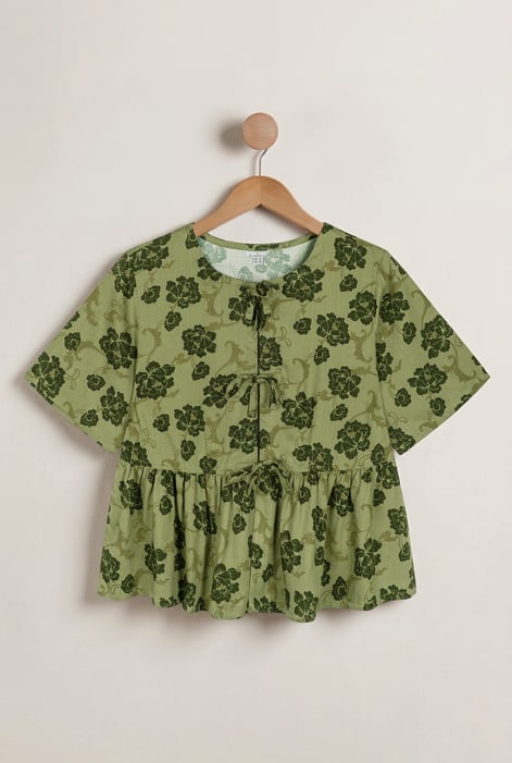 Women's Red Tie Front Floral Short Sleeve Blouse