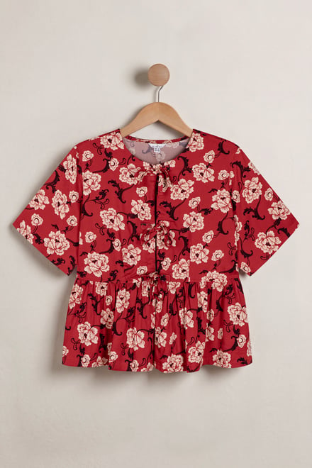 Women's Tie Front Floral Short Sleeve Blouse