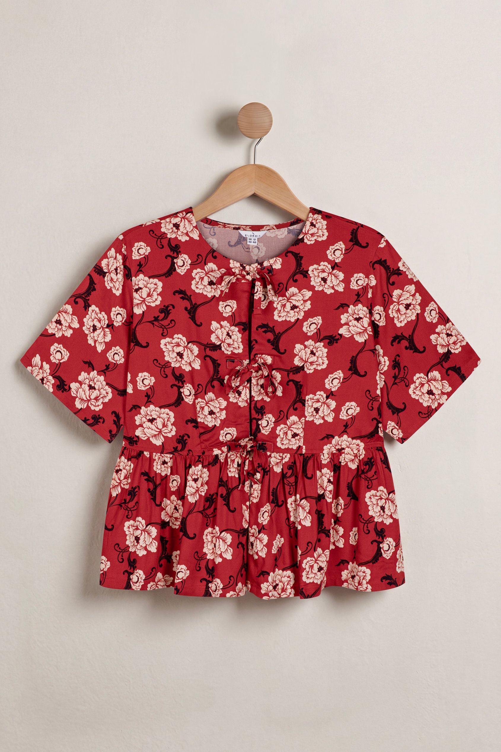 Enorsia Women's Red Tie Front Floral Short Sleeve Blouse - Uk 16
