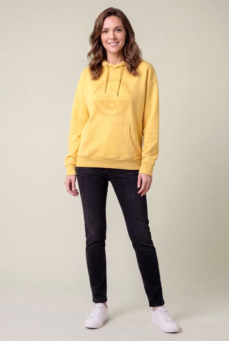 Women Yellow Drop Shoulder Printed Hoodie