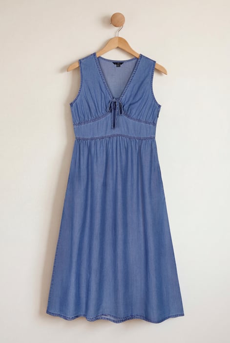 Blue Wash Tencel Denim V-Neck Midi Dress