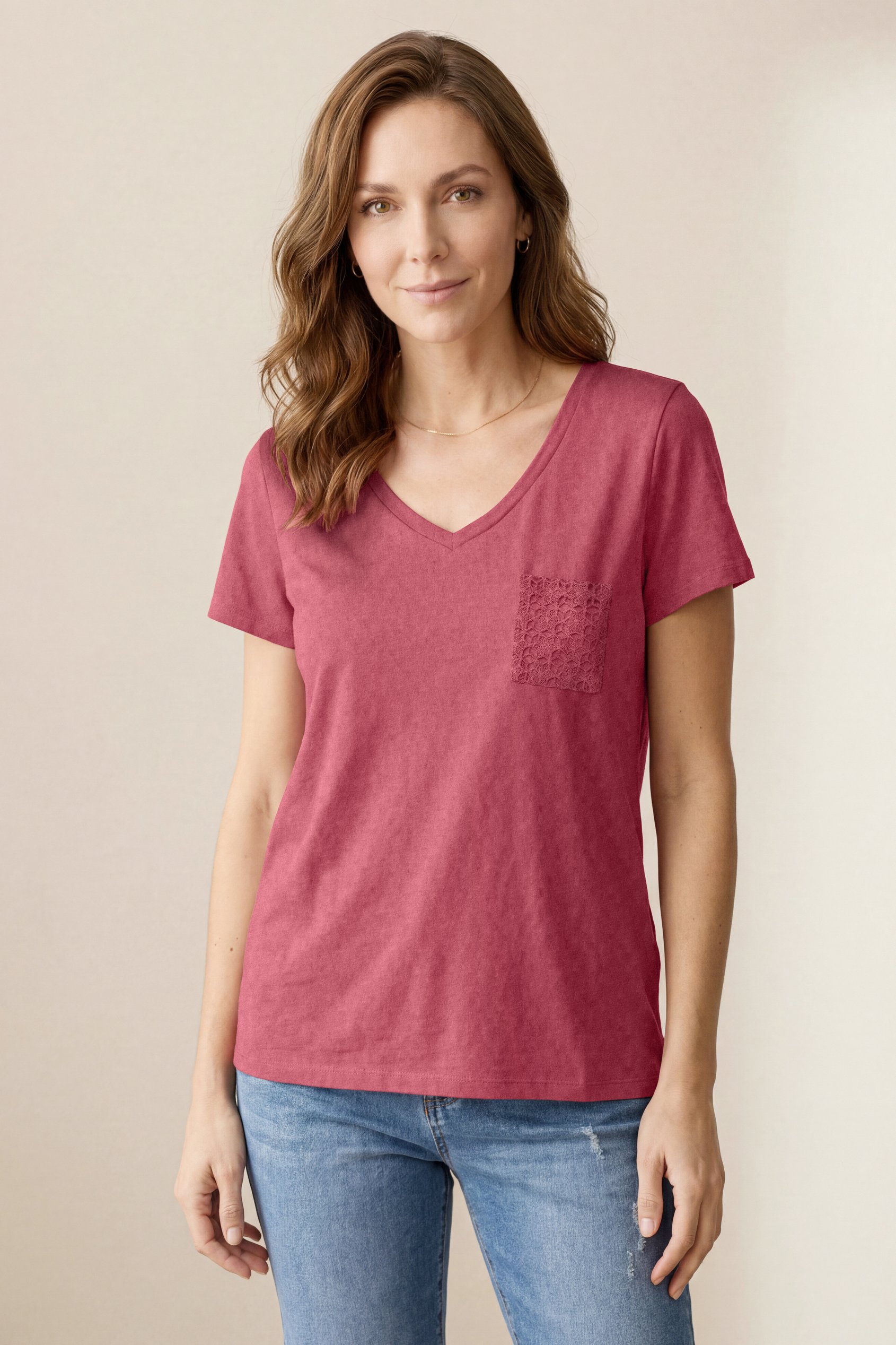 Lace Pocket V-Neck Tee
