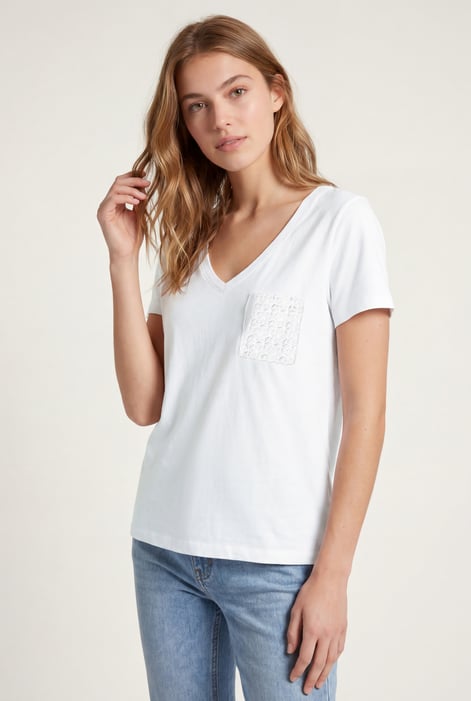White Lace Pocket V-Neck Tee
