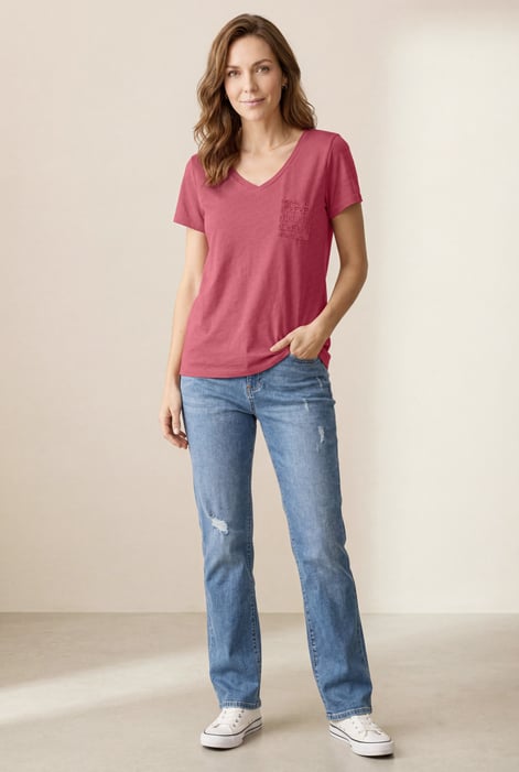 Red Lace Pocket V-Neck Tee