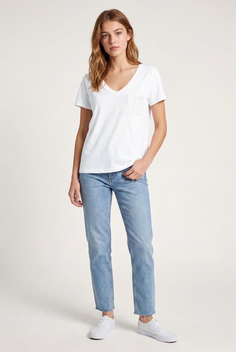 White Lace Pocket V-Neck Tee