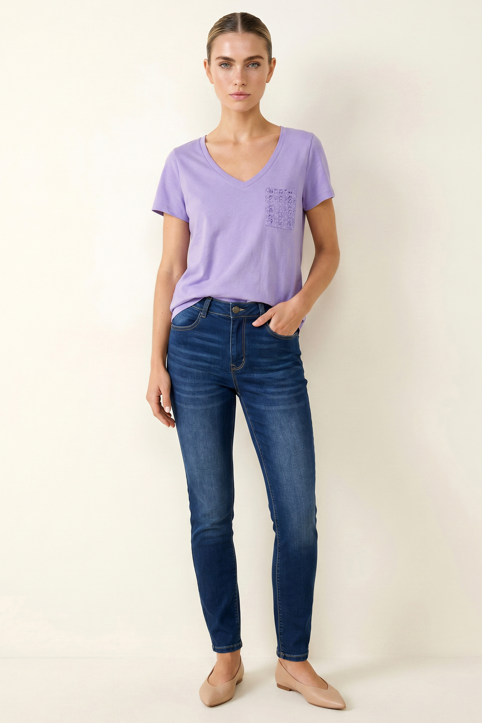 Lace Pocket V-Neck Tee