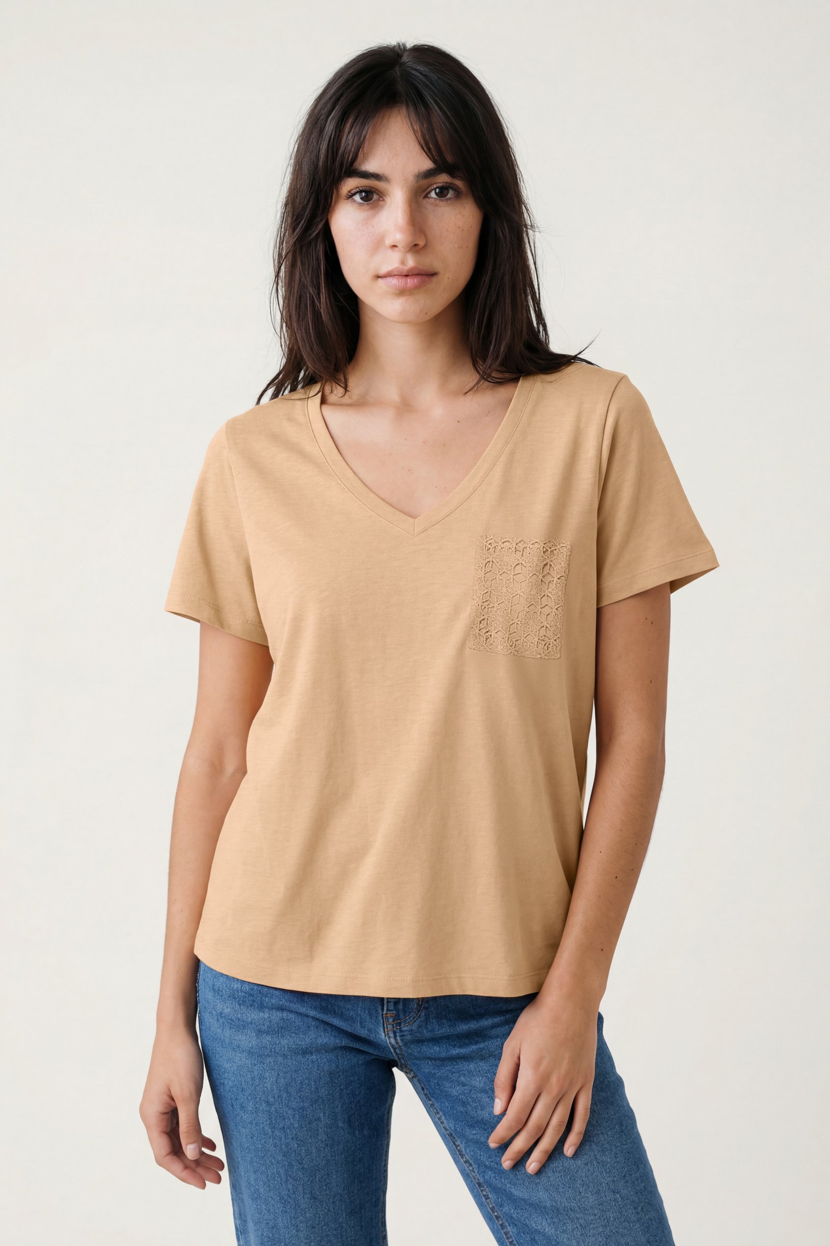 Lace Pocket V-Neck Tee