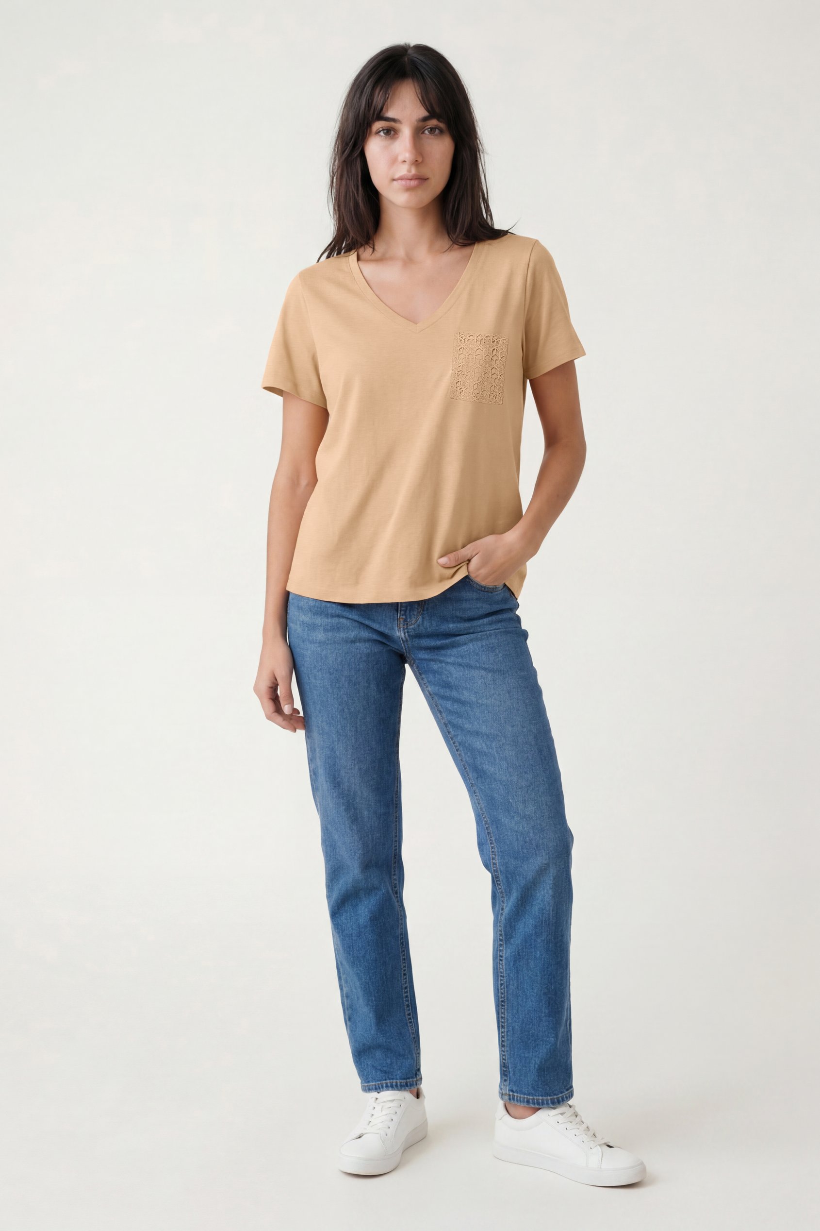 Lace Pocket V-Neck Tee