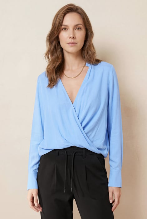Blue Long Sleeves Wrap Blouse