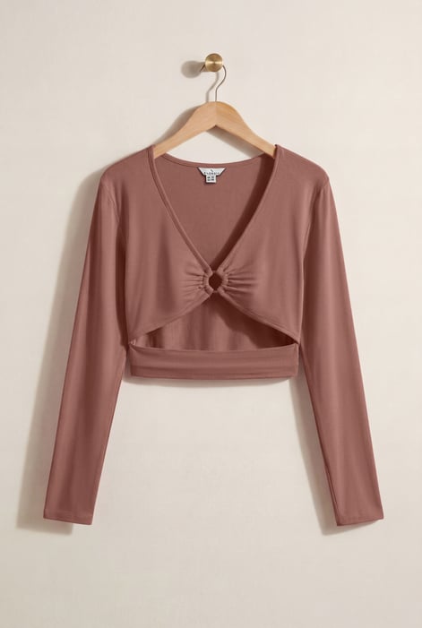Brown O-Ring Cut Out V-Neck Long Sleeves Top