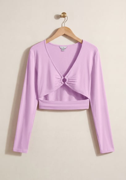 O-Ring Cut Out V-Neck Long Sleeves Top