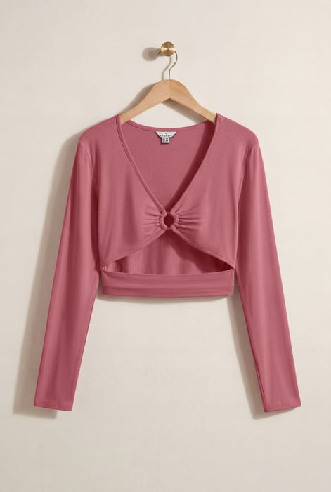 Brown O-Ring Cut Out V-Neck Long Sleeves Top