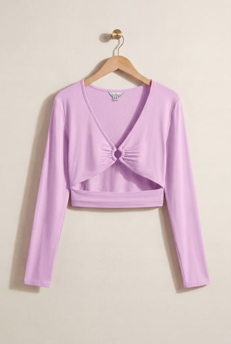 Brown O-Ring Cut Out V-Neck Long Sleeves Top