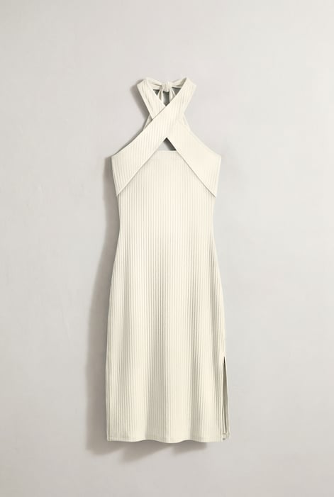 White Crisscross Halter Rib Dress with Open Back