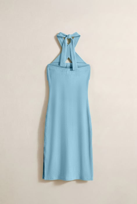 Blue Crisscross Halter Rib Dress with Open Back