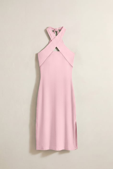 White Crisscross Halter Rib Dress with Open Back