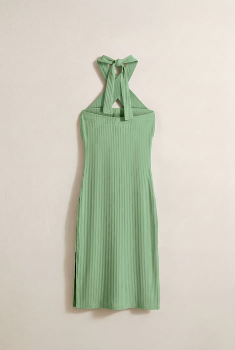 Green Crisscross Halter Rib Dress with Open Back