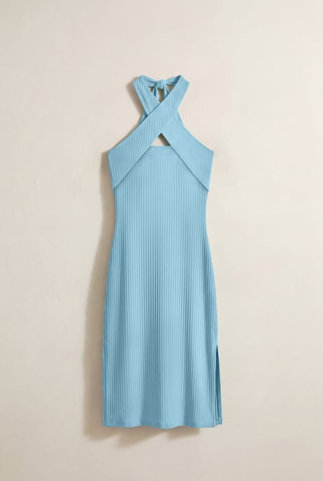 White Crisscross Halter Rib Dress with Open Back