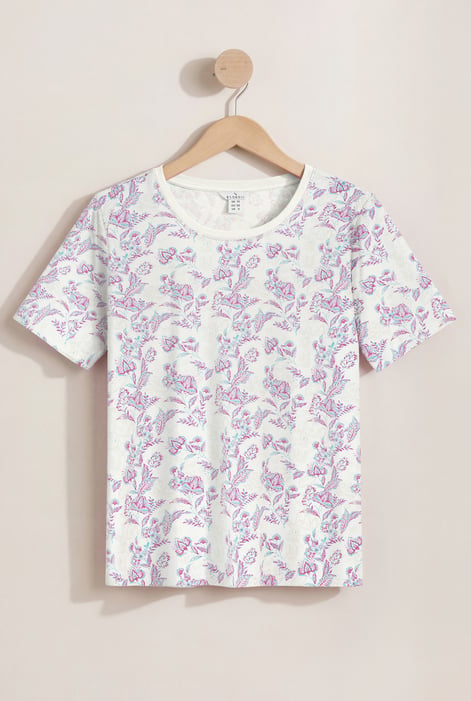 White Crayon Leaf Printed T-Shirt