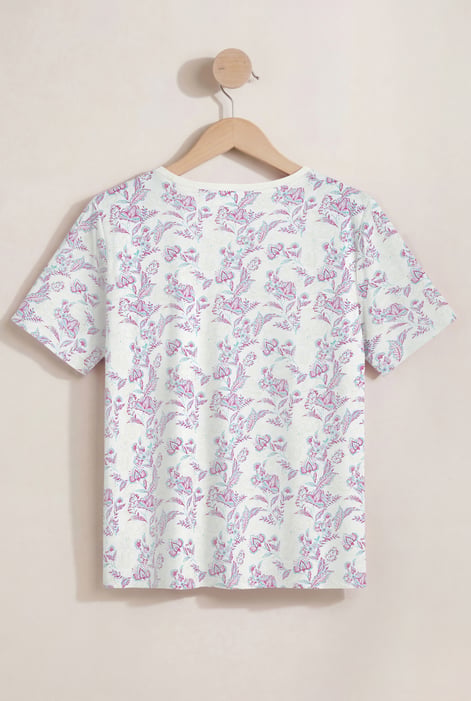White Crayon Leaf Printed T-Shirt