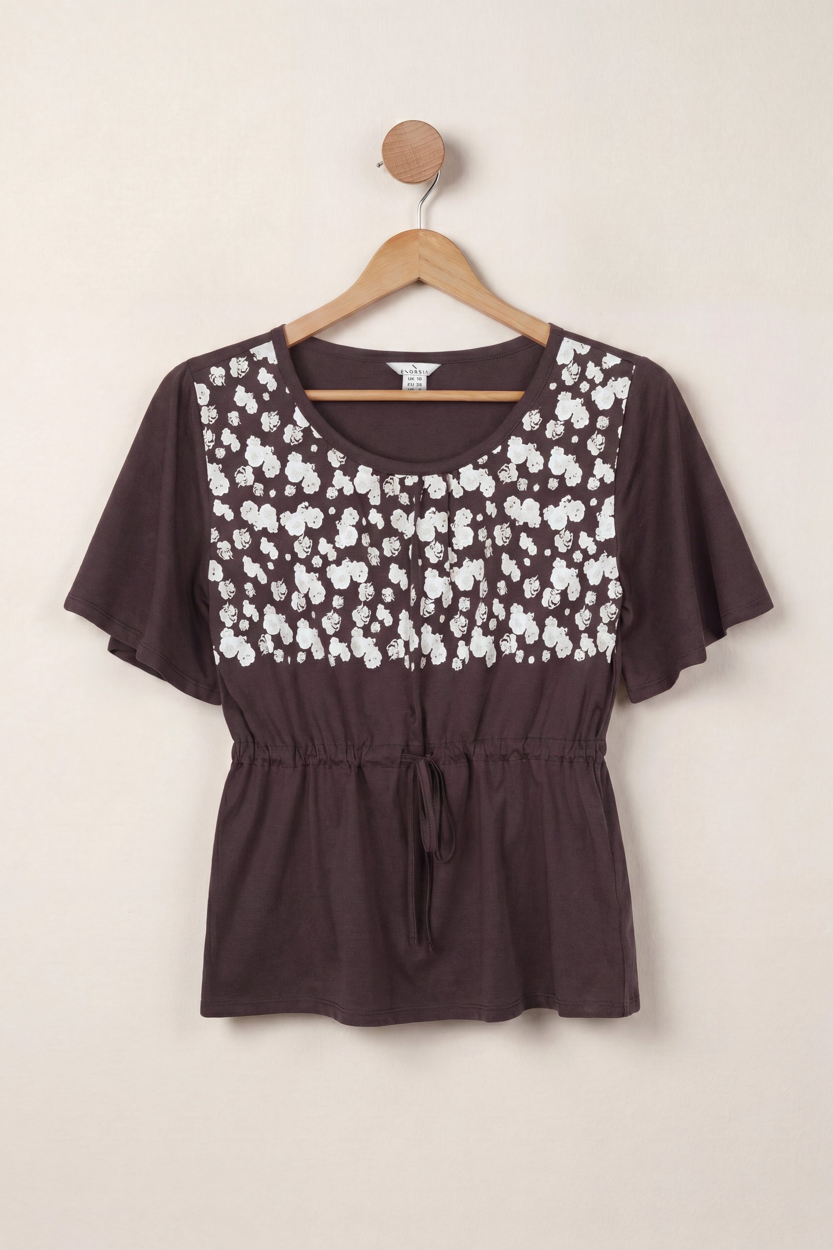 Enorsia Women's Brown Floral Chest Print T-Shirt - Uk 14
