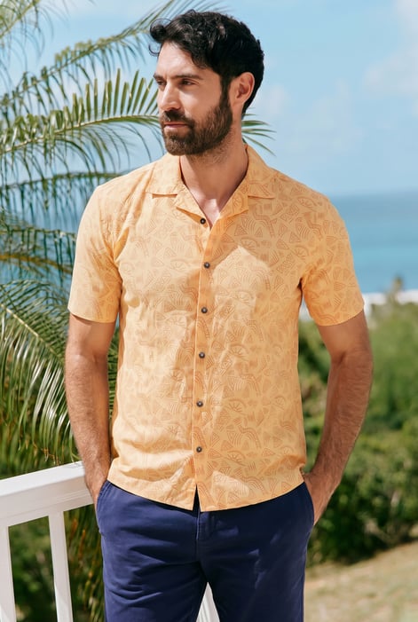 Men's Orange Pencilled Revere Collar Short Sleeve Shirt | Enorsia
