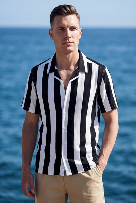 Men's Black Regular Fit Striped Revere Collar Shirt | Enorsia