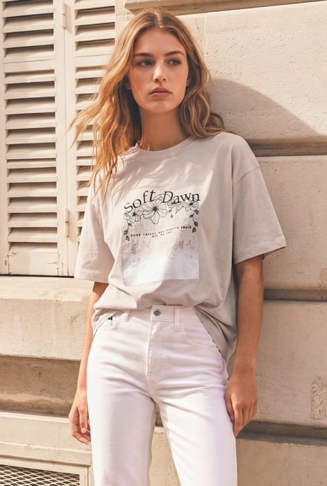 Beige Mix media graphic Oversized T-Shirt | Enorsia