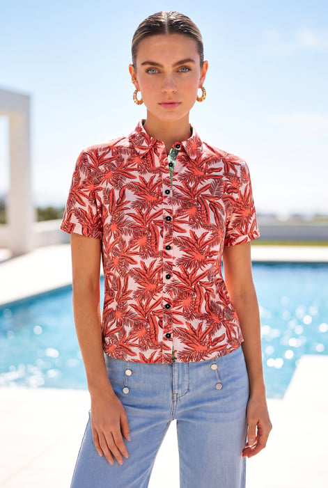 Pink Leaf Printed Semi Crop Shirts