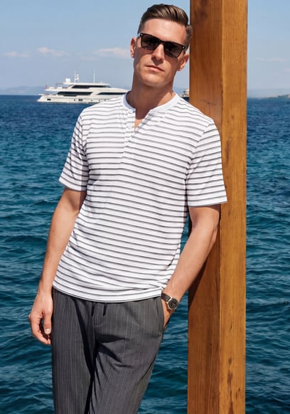 Loose Fit Stripe Print Henley T-shirt