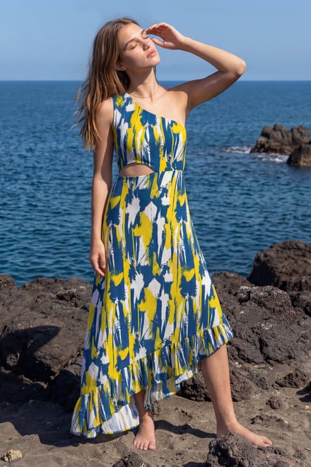 Brush Print One-Shoulder Ruffled Cutout Dress