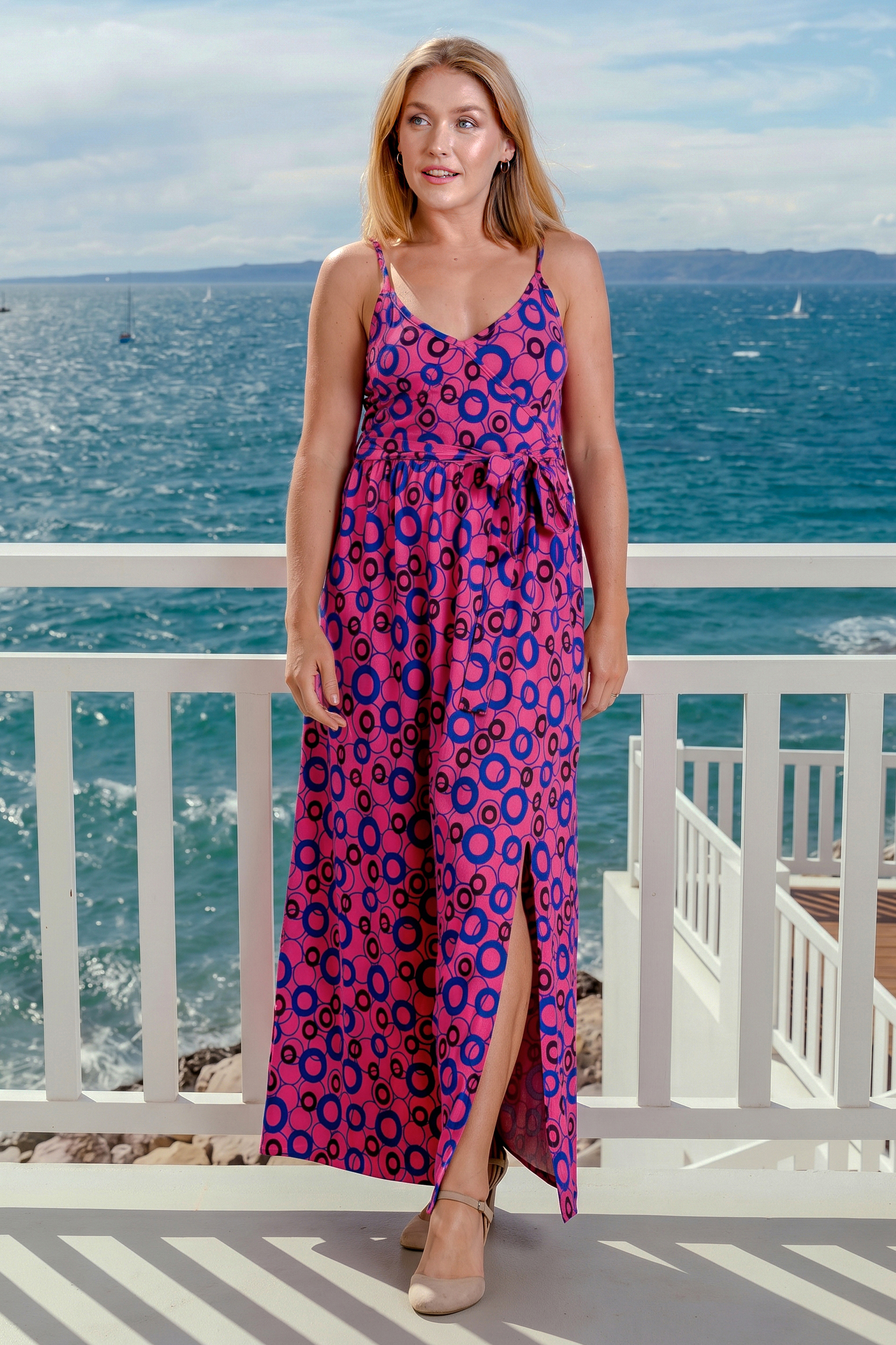 Geo Printed Jersey Wrap Front Maxi Dress