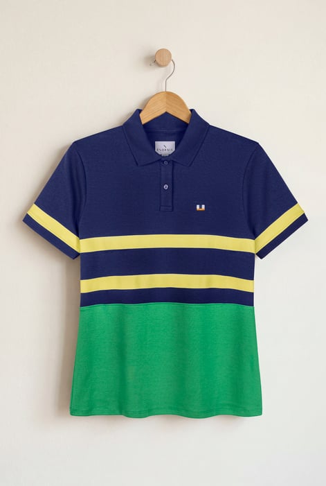 Women's Blue Colour Block Striped Polo Shirt