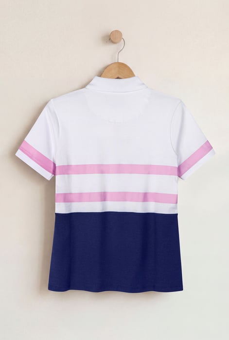 Women's White Colour Block Striped Polo Shirt
