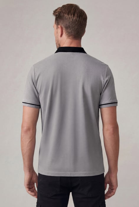 Grey Contrast Collar Zip-Up Polo Shirt