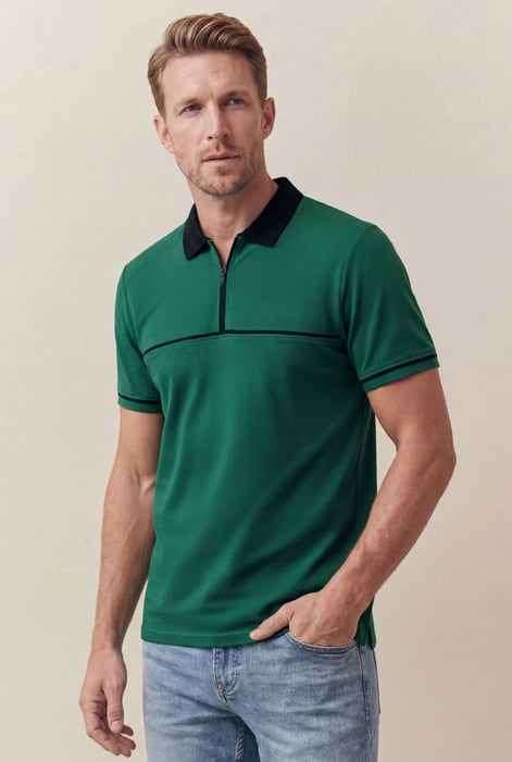 Green Contrast Collar Zip-Up Polo Shirt