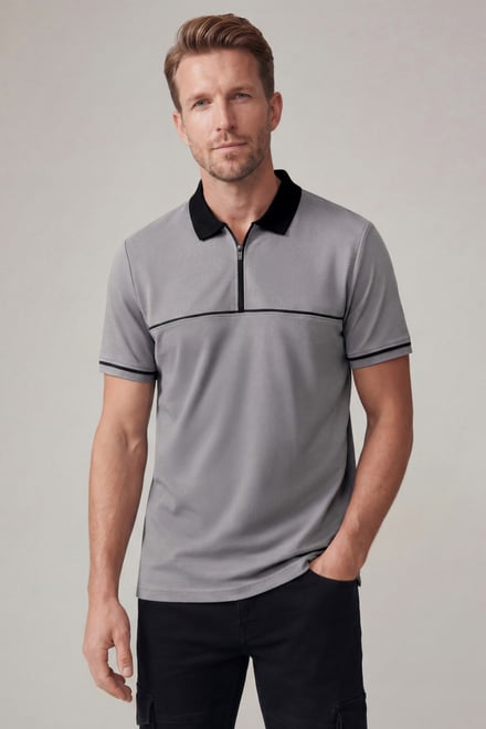 Contrast Collar Zip-Up Polo Shirt