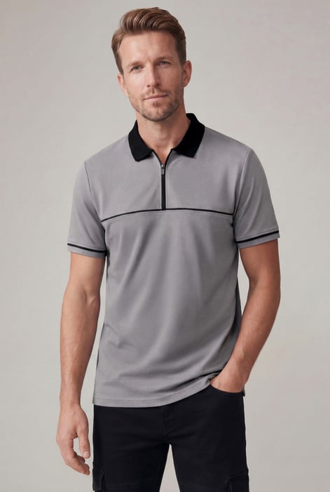 Green Contrast Collar Zip-Up Polo Shirt