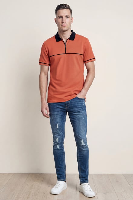 Contrast Collar Zip-Up Polo Shirt