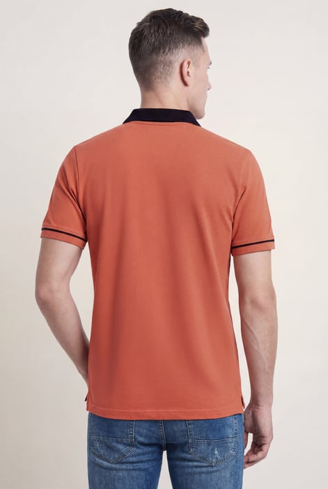 Orange Contrast Collar Zip-Up Polo Shirt