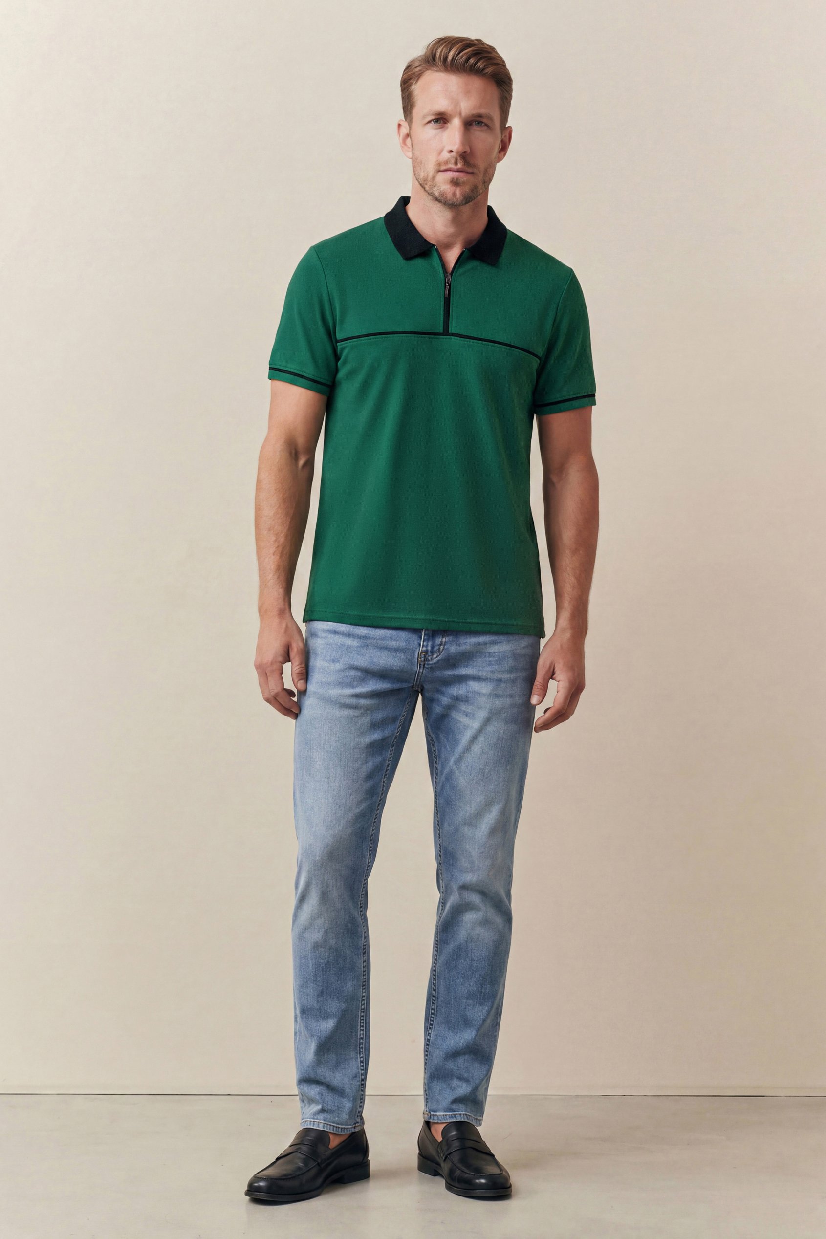 Contrast Collar Zip-Up Polo Shirt