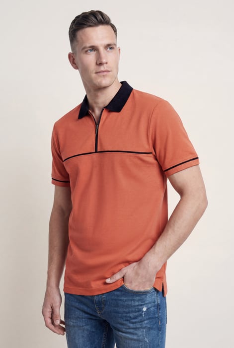 Green Contrast Collar Zip-Up Polo Shirt