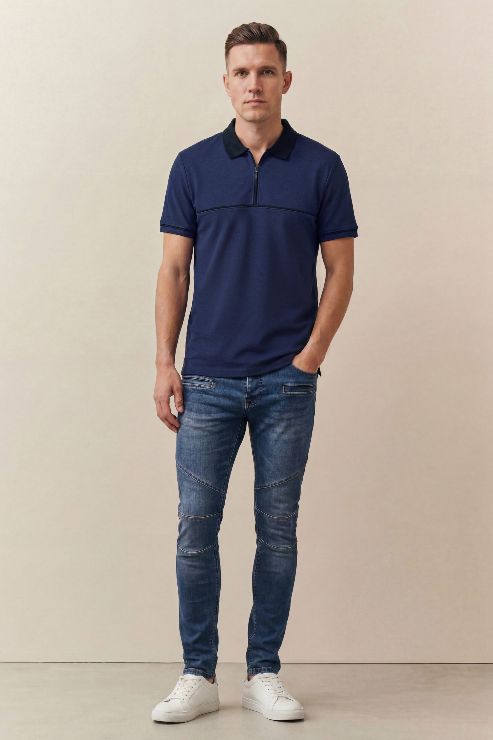 Contrast Collar Zip-Up Polo Shirt