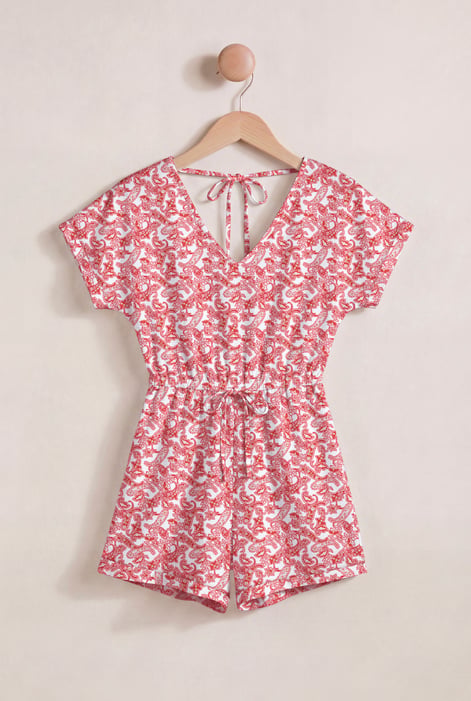 Red Roll up Sleeves AOP Play Suit